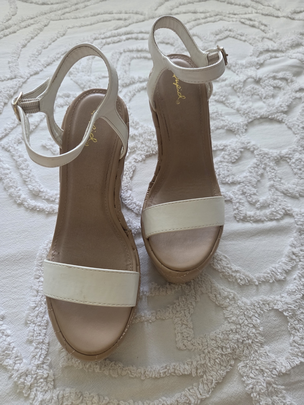 Qupid Cream Ankle-Strap Wedge Sandals